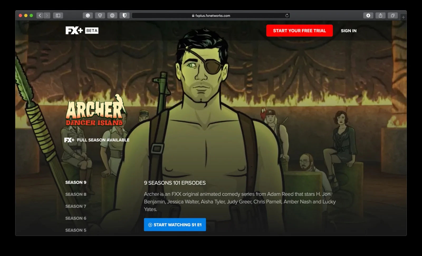 FX+ streaming app as shipped, showing the player and content browse experience