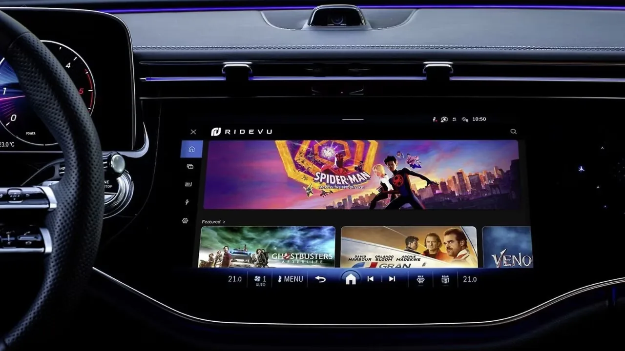 RideVu in-car entertainment interface on a Mercedes-Benz in-dash display