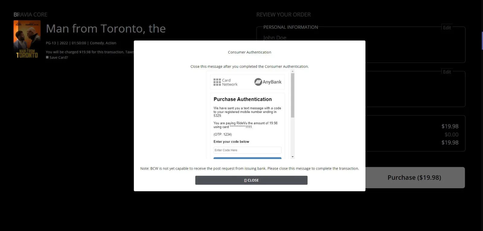Sony Pictures Core checkout and payment authentication screen